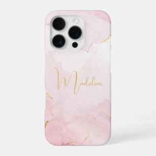 Coque iPhone 16 Pro Nom élégant en écriture dorée sur marbre rose