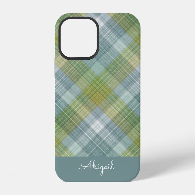 Coque iPhone Nom élégant en script carreau sarcelle (Verso)