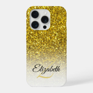 Coque iPhone 15 Pro Nom Élégant Monogramme Paillettes Or Ombré