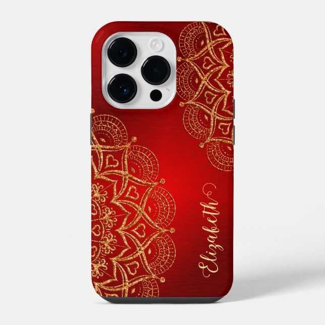 Coque iPhone Nom élégant Monogramme Rouge et or Mandala (Verso)
