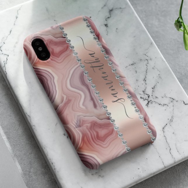 Coque iPhone Nom en calligraphie diamantée Agate or rose (Créateur téléchargé)