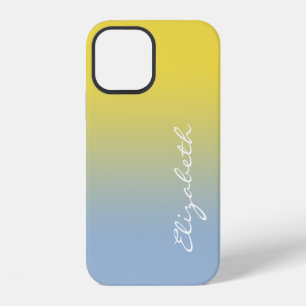 Coque iPhone 12 Nom en écriture manuscrite Dégradé de jaune à bleu