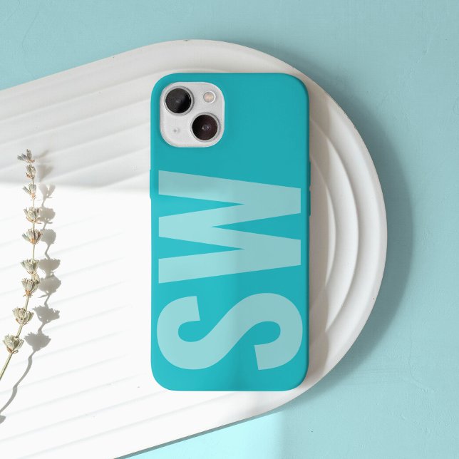 Coque iPhone Nom en gras Initiales Aqua Blue Custom Monogramme (Créateur téléchargé)