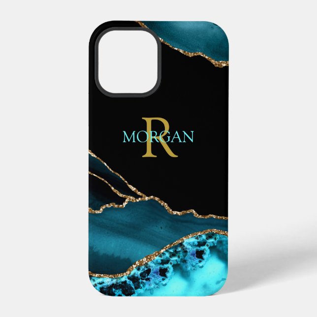 Coque iPhone Nom et monogramme, Agate sarcelle/noir, Texte or/s (Verso)