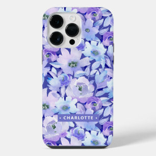 Coque Pour Pour iPhone 14 Pro Max Nom floral aquarelle bleu violet botanique chic