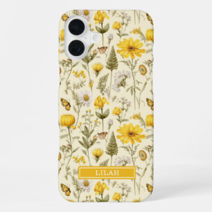 Coque iPhone 16 Plus Nom floral aquarelle botanique jaune