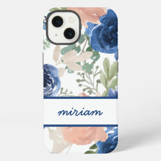 Etui iPhone 13 Nom floral aquarelle rose et bleu marine