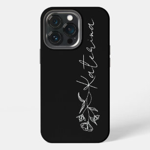 Etui iPhone 13 Pro Nom floral personnalisé noir et blanc