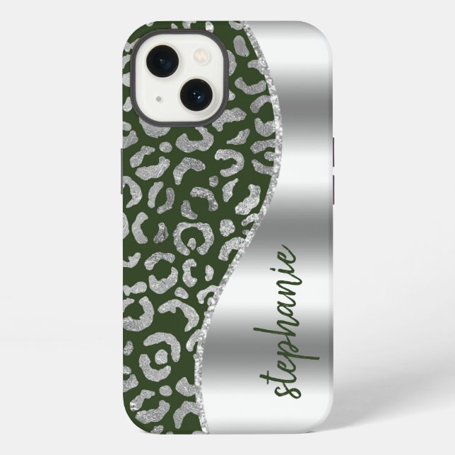 Coque iPhone Nom Glam Leopard Spots Métallic Argent Vert (Verso)