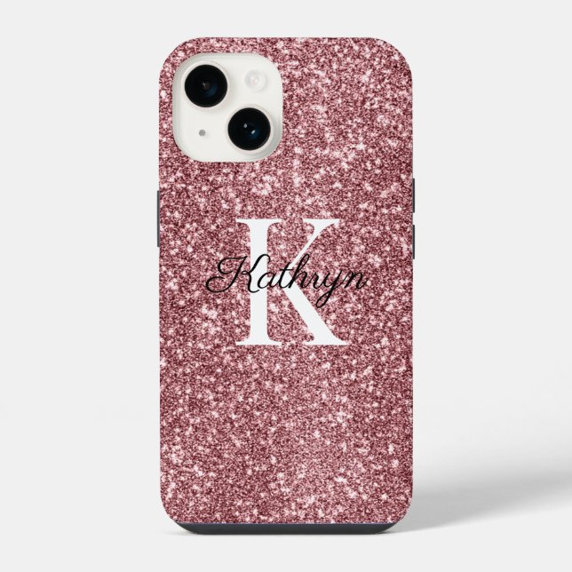 Coque iPhone Nom Initial Monogramme Pailleté Or Rose (Verso)