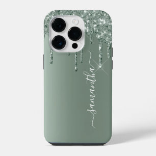 Coque Pour iPhone 14 Plus Nom manuscrit Aspect Paillettes Métal Vert Foncé
