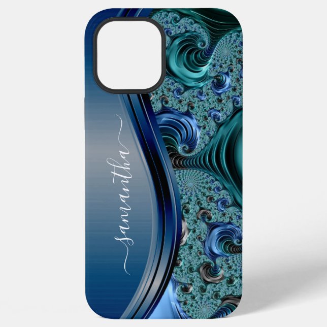 Coque iPhone Nom manuscrit bleu fractal moderne (Verso)