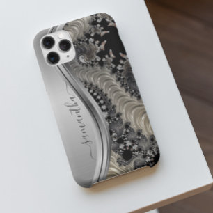 Coque iPhone 12 Pro Max Nom manuscrit Fractal Argent Or moderne