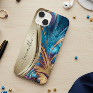 Coque Pour iPhone 14 Nom manuscrit Fractal Blue Gold