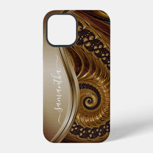 Coque iPhone 12 Nom manuscrit Fractal Or moderne