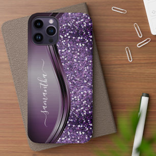 Coque iPhone 12 Nom manuscrit Glam Purple Parties scintillant méta
