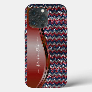 Etui iPhone 13 Pro Nom manuscrit Glam Rouge blanc bleu Parties scinti