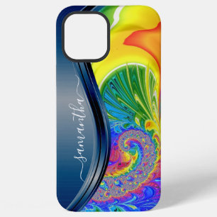 Coque iPhone 12 Pro Max Nom manuscrit moderne Fractal Rainbow Blue