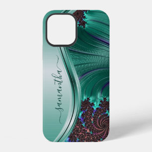Coque iPhone 12 Nom manuscrit sarcelle fractal moderne