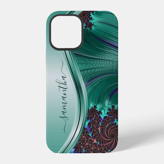 Coque iPhone Nom manuscrit sarcelle fractal moderne (Verso)
