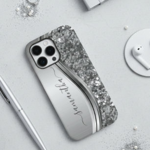 Coque iPhone 12 Nom manuscrit Silver Metal Parties scintillant 12