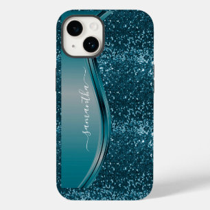 Coque Pour iPhone 14 Nom manuscrit Turquoise Blue Metal Parties scintil