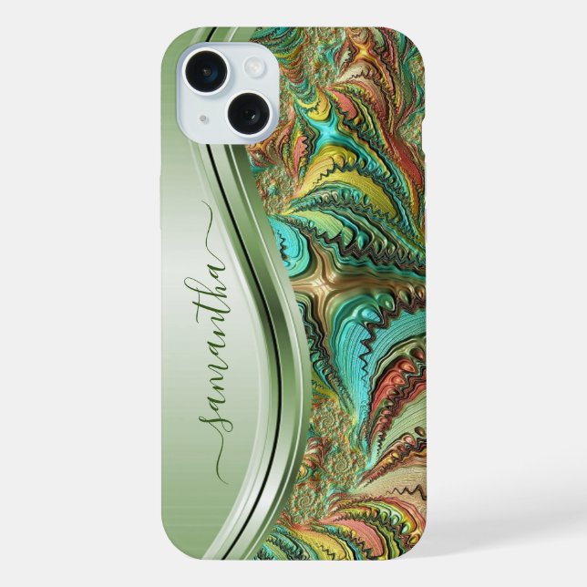Coque iPhone Nom manuscrit vert fractal moderne (Verso)