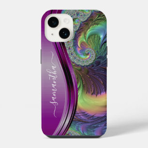Coque Pour iPhone 14 Nom manuscrit violet fractal moderne