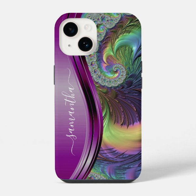 Coque iPhone Nom manuscrit violet fractal moderne (Verso)