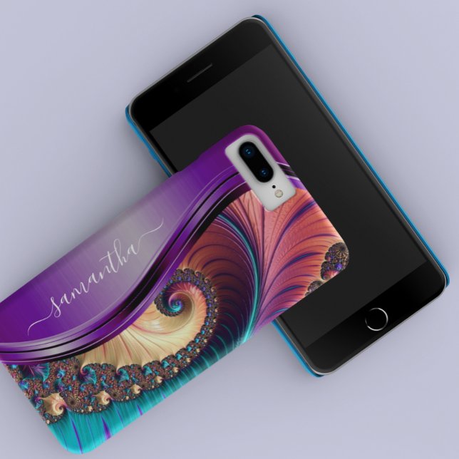 Coque iPhone Nom manuscrit violet fractal moderne (Créateur téléchargé)