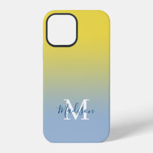 Coque iPhone 12 Nom moderne Monogramme Jaune à bleu clair Gradient