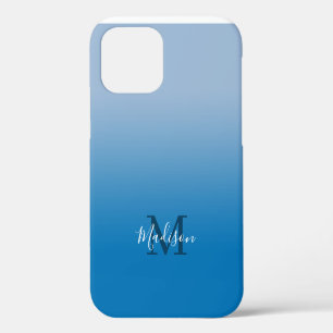 Coque iPhone 12 Nom moderne Monogramme Lumière au dégradé bleu fon