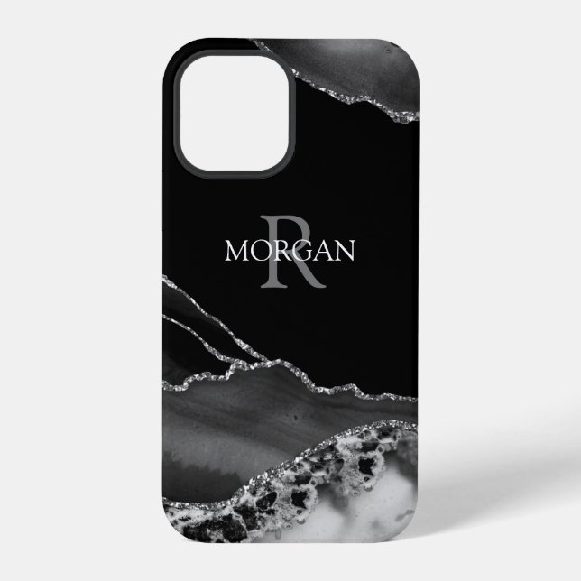 Coque iPhone Nom & Monogramme, Agate noir et blanc, Texte blanc (Verso)