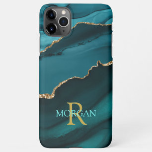 Coque iPhone 11Pro Max Nom & Monogramme, Agate noir Turquoise, Texte Turq