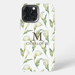Etui iPhone 13 Pro Max Nom Monogramme Aquarelle Floral Élégant Lys Blanc