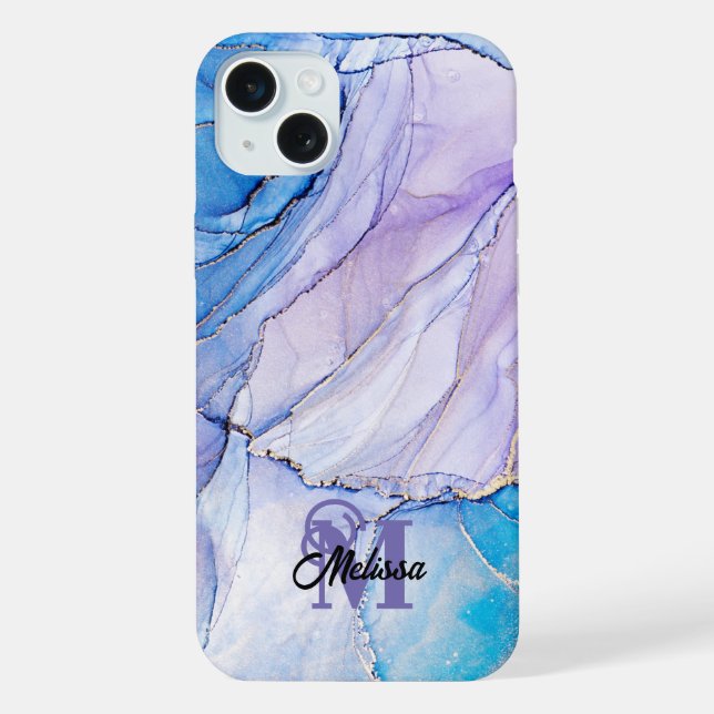 Coque iPhone Nom monogrammé avec marbrure moderne bleue et viol (Verso)
