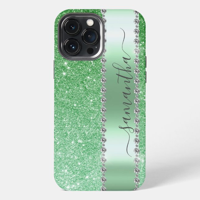 Coque iPhone Nom Monogramme Calligraphie Paillettes Vert Diaman (Verso)
