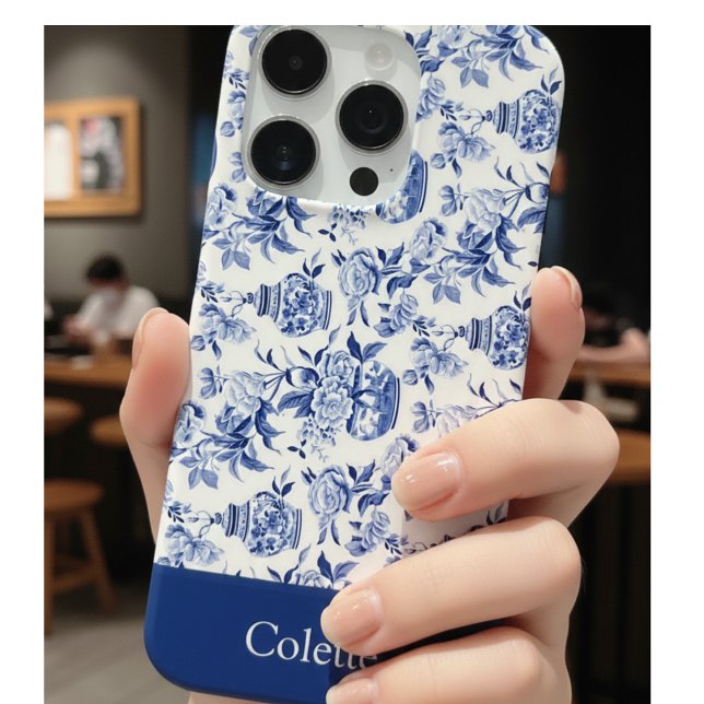 Coque iPhone Nom Monogramme Chinoiserie Bleue (Créateur téléchargé)