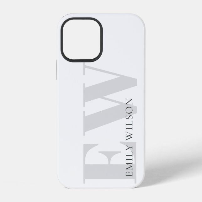 Coque iPhone Nom Monogramme Élégant Simple Minimal Blanc Gris (Verso)
