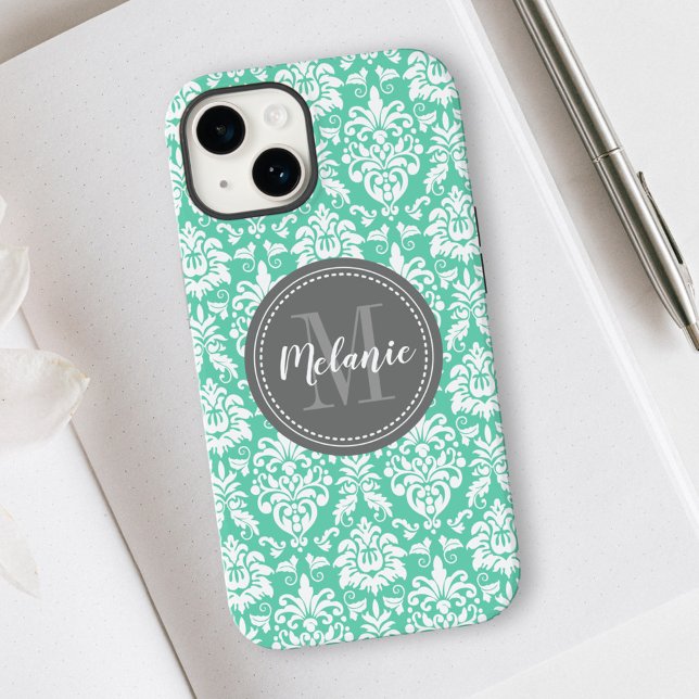 Coque iPhone Nom Monogramme Gris Damassé Menthe (Créateur téléchargé)
