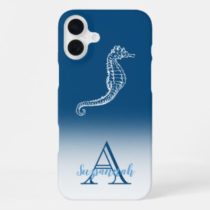 Coque iPhone 16 Plus Nom monogramme Hippocampe Tropical Ombré Bleu