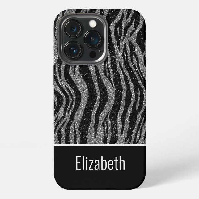 Coque iPhone Nom monogramme  Impression Zèbre Noir Gris Argent (Dos)