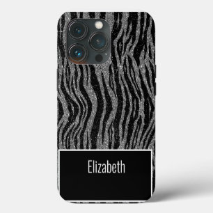Etui iPhone 13 Pro Nom monogramme  Impression Zèbre Noir Gris Argent