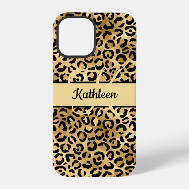 Coque iPhone Nom Monogramme Imprimé Léopard Noir Or Guépard  (Verso)