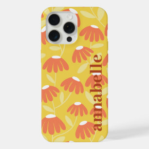 Coque iPhone 15 Pro Max Nom Monogramme Latéral Motif Floral Jaune & Orange