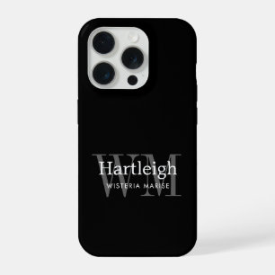 Coque iPhone 15 Pro Nom Monogramme Moderne Noir Gris Blanc