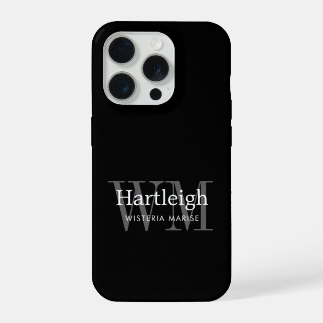 Coque iPhone Nom Monogramme Moderne Noir Gris Blanc (Verso)