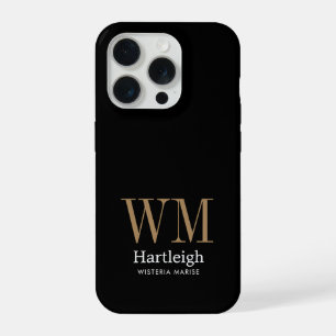 Coque iPhone 15 Pro Nom Monogramme Moderne Noir Or Blanc