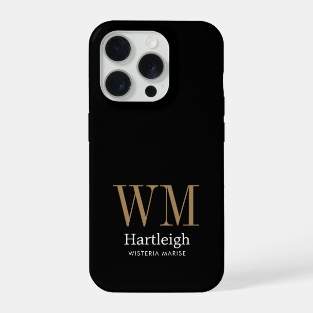 Coque iPhone Nom Monogramme Moderne Noir Or Blanc (Verso)