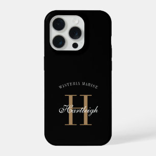 Coque iPhone 15 Pro Nom Monogramme Moderne Noir Or Blanc